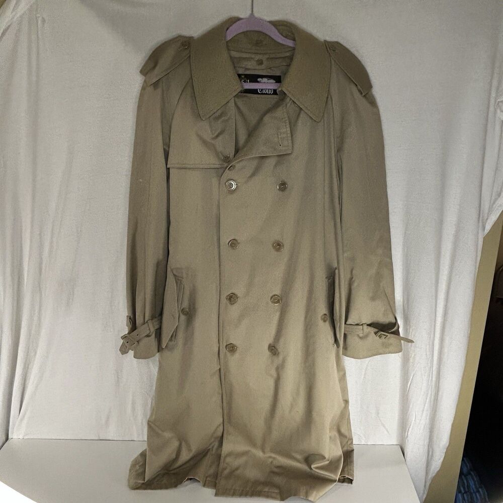 Vtg Silver Cloud Double Breasted Tan Trench Coat Men’s 44L Wool Button Liner